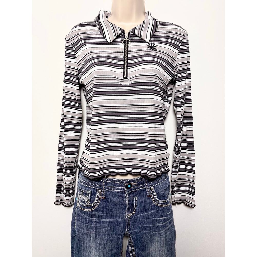 Delia’s Grey Black White Striped Zip Up Long Sleeve Polo Top Grunge